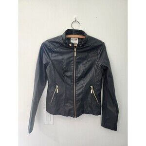 Miss Selfie Faux Leather Vegan Moto Jacket with Gold Zippers Black Size Small